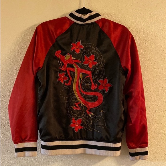 Disney Mulan Mushu Black & Red Satin Bomber Jacket Size Medium X - Picture 4 of 12